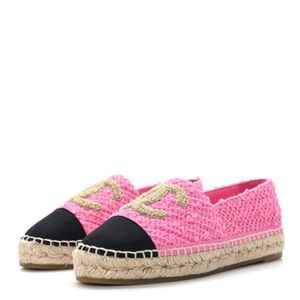 Authentic Chanel pink tweed gold logo detail espadrilles